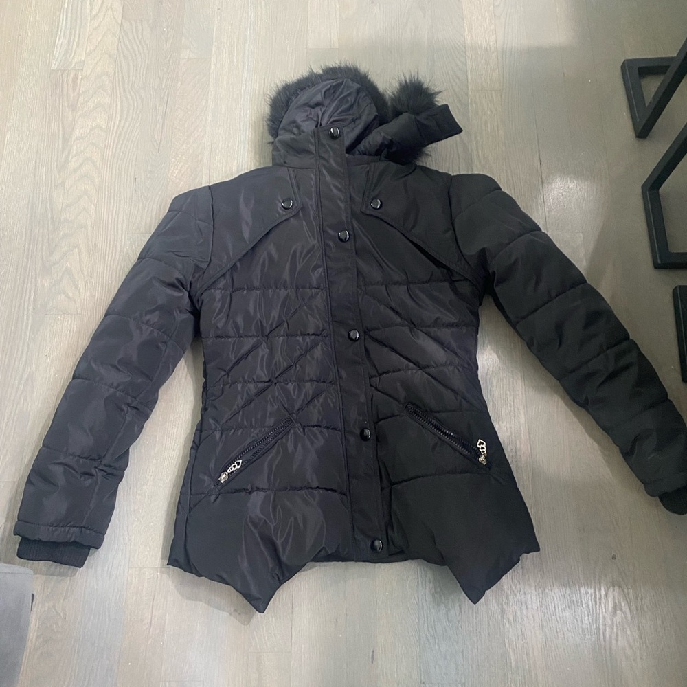 Like new girls black jacket with hood size 11-12